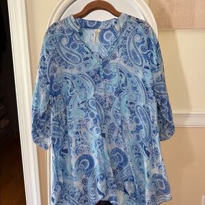 Grand & Greene semi sheer Paisley Patterned Top Blue Tones 3/4 sleeves Sz L